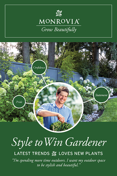 Dark green poster reads Style to Win Gardener, latest trends, loves new plants