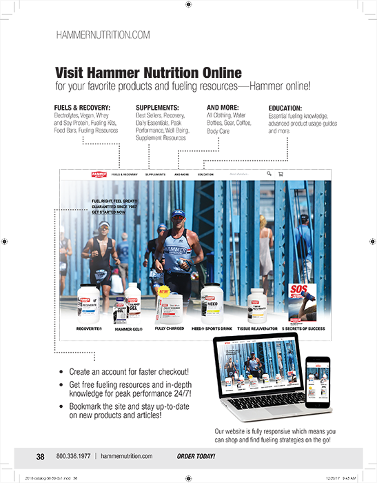 Outline of how and where to access Hammer Nutrition with photo of man in a hat running across a bridge. Photo of a computer and phone with Hammer Nutrition website.