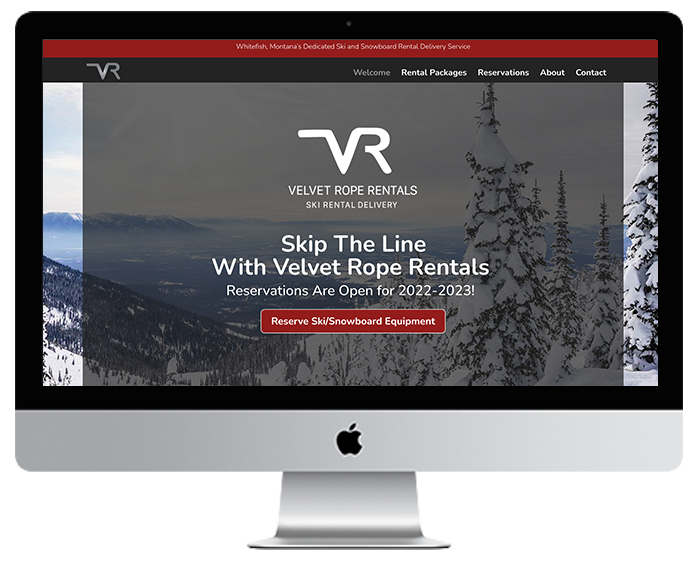 iMac computer screen showing Velvet Rope Rentals website design and copy